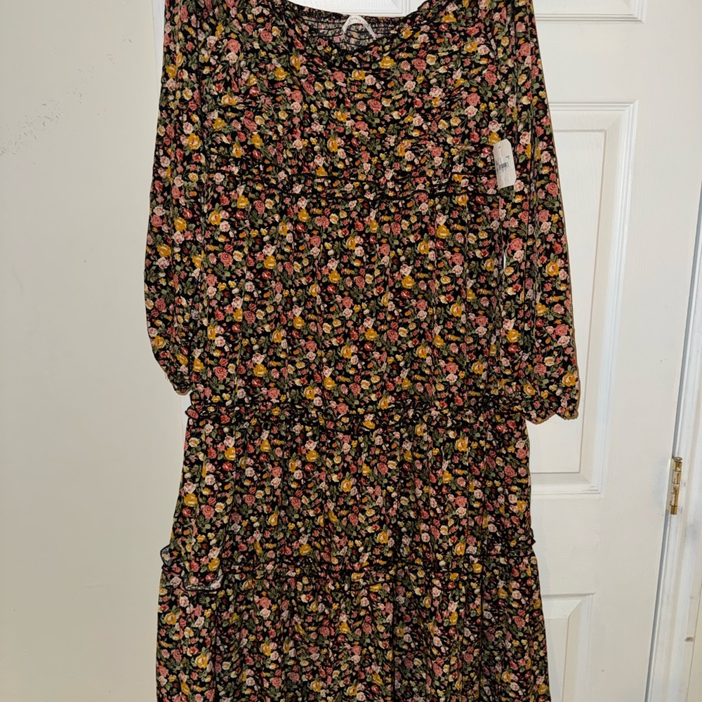 Altar'd State Floral Long Sleeve Dress - Black with Pink and Yellow